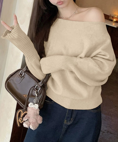 ボートネックニットトップスオフショルダー ニットプルオーバー レディース オフィスカジュアル ニットセーター きれいめ ワンショルダーニット 通勤通学ニットウェア 24TPS-061
