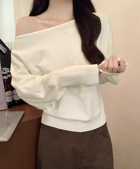 ボートネックニットトップスオフショルダー ニットプルオーバー レディース オフィスカジュアル ニットセーター きれいめ ワンショルダーニット 通勤通学ニットウェア 24TPS-061