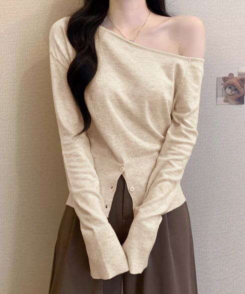 ワンショルダーニットトップス裾ボタン秋服 レディース 大人カジュアルニットプルオーバー きれいめ 肩出しニットウェア 肩見せ 長袖ニットセーター 韓国風ニットソー 24TPS-062