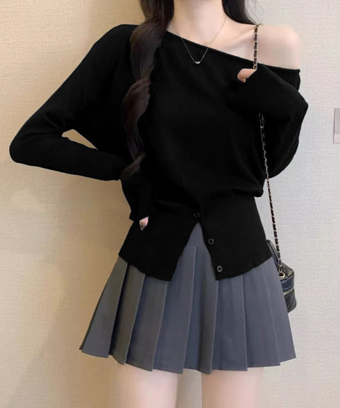 ワンショルダーニットトップス裾ボタン秋服 レディース 大人カジュアルニットプルオーバー きれいめ 肩出しニットウェア 肩見せ 長袖ニットセーター 韓国風ニットソー 24TPS-062