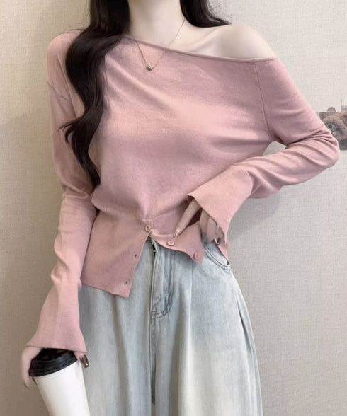 ワンショルダーニットトップス裾ボタン秋服 レディース 大人カジュアルニットプルオーバー きれいめ 肩出しニットウェア 肩見せ 長袖ニットセーター 韓国風ニットソー 24TPS-062