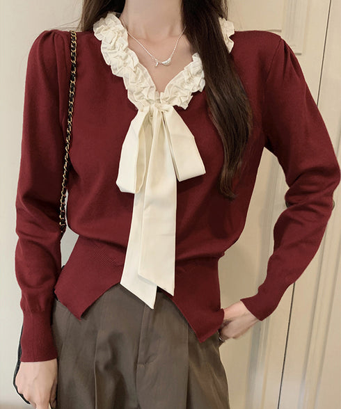 ボウタイニットトップス フリル襟 ニット レディース オフィスカジュアル リボンニットセーター 大人可愛い 着やせニットウェア おしゃれ ニットソー 着回し秋冬服 24TPS-063