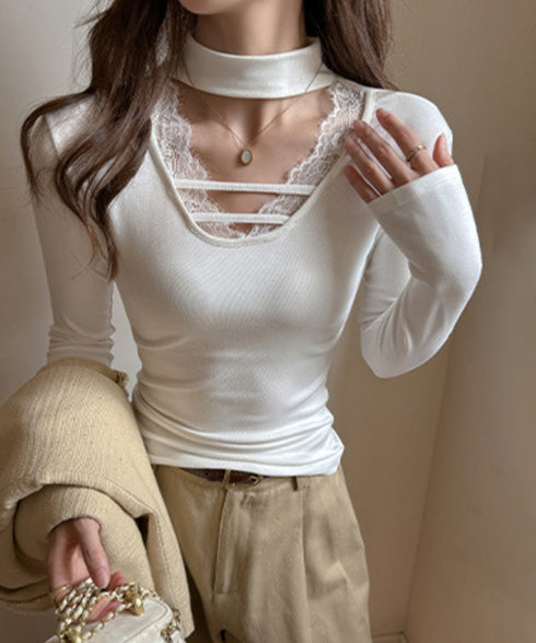 チョーカー風カットソーレース付きTシャツ レディース セクシー レースコンビトップス 着回し 細身Tシャツ オルチャン 着やせ 大人 無地レイヤード風トップス長袖 24TPS-065