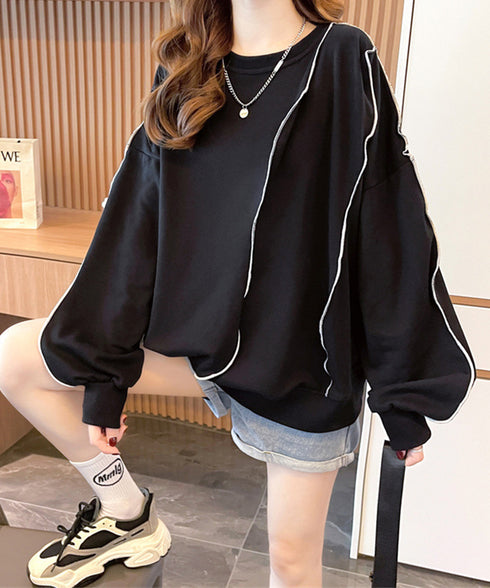 ステッチスウェット ゆったり トレーナー オーバーサイズ 長袖プルオーバー 体型カバー チュニックロンt ラウンドネック春秋服ビッグシルエット カジュアルトップス 24TPS-066