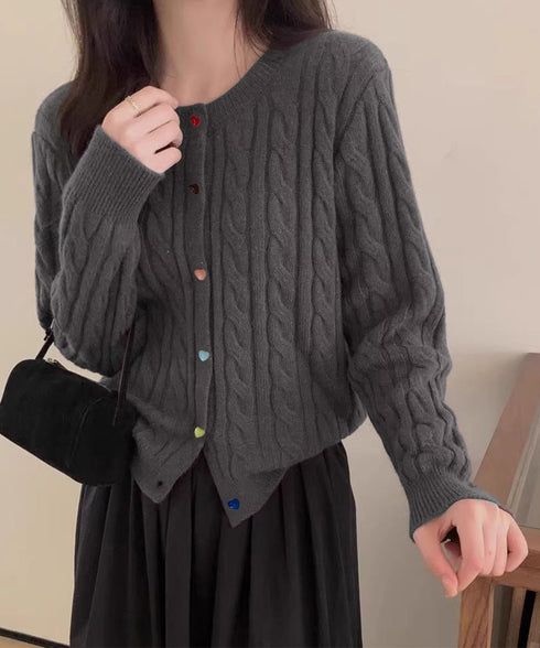 ケーブルニットカーディガン 前開きニット レディース カラーハートボタンニットトップス クルーネックニットセーターきれいめカジュアル ニットアウター お洒落秋冬服 24TPS-067