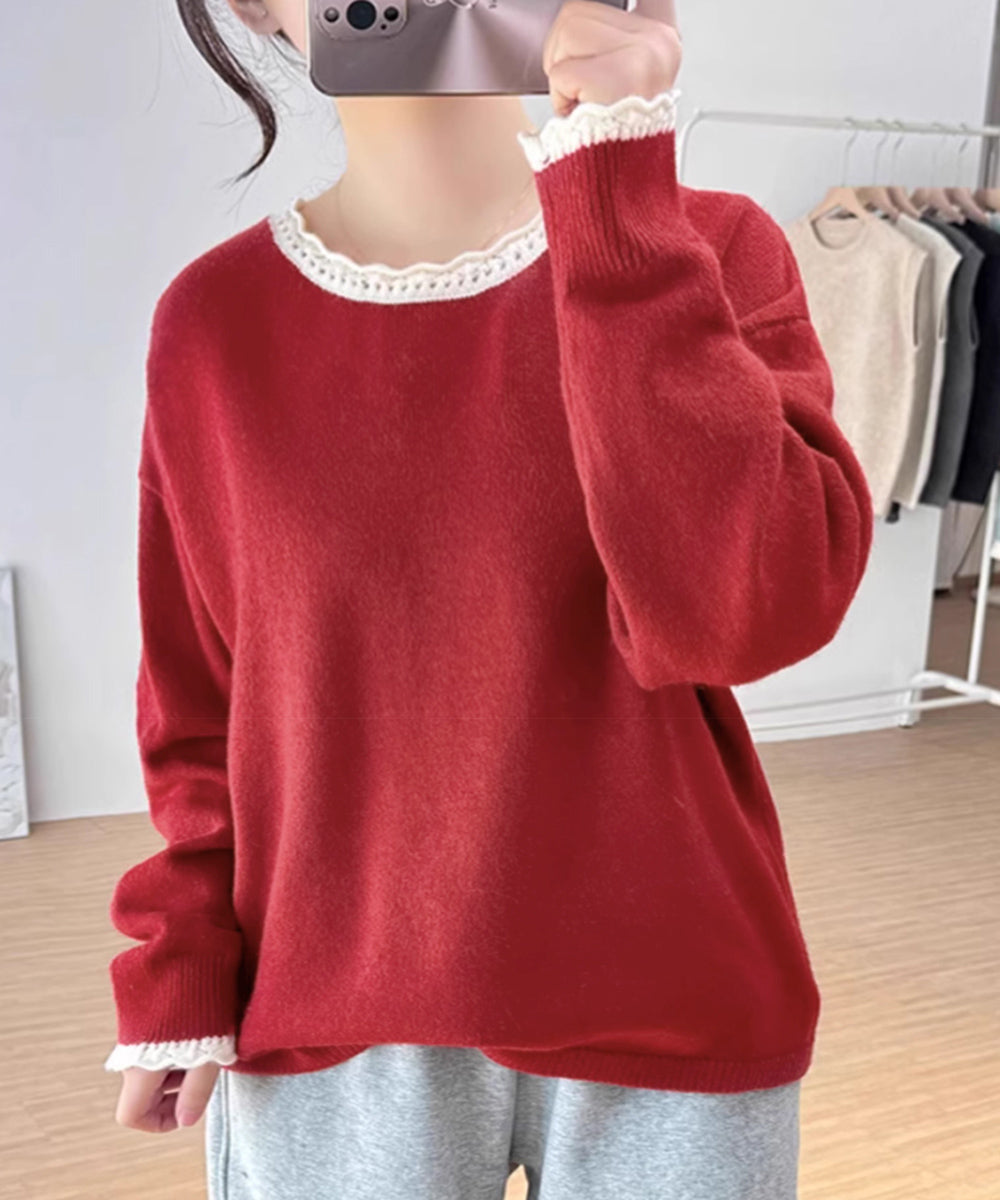 配色ニットプルオーバーラウンドネック秋服 ワインレッド