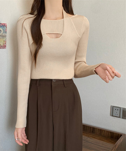 ニットトップス ホルターネックリブニット カットアウト タイトニット オフィスカジュアル ニットウエア フロントオープン おしゃれニットソー セクシープルオーバー 24TPS-069