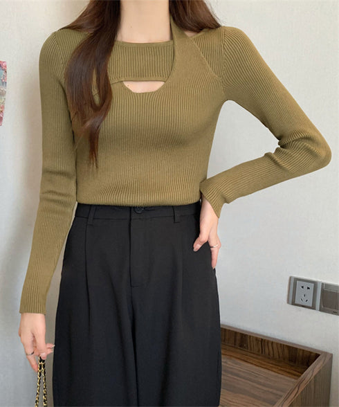 ニットトップス ホルターネックリブニット カットアウト タイトニット オフィスカジュアル ニットウエア フロントオープン おしゃれニットソー セクシープルオーバー 24TPS-069