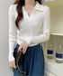 ポロニットドローストリングリブニット薄手 レディース Vネック タイトニットトップス ショート丈 ニットウェア きれいめ ニットインナー カジュアル トップス春秋 24TPS-070