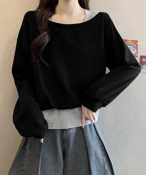 レイヤード風スウェットワンショルダー秋服 レディース 肩出し トップス カジュアル プルオーバー ゆったり トレーナー お洒落長袖トップス 韓国風 tシャツ 無地 24TPS-073