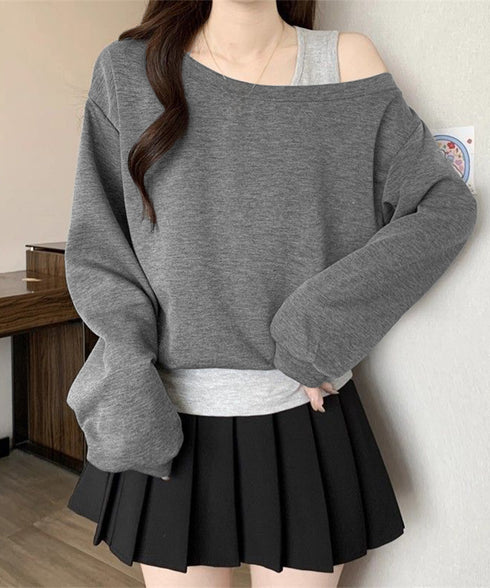 レイヤード風スウェットワンショルダー秋服 レディース 肩出し トップス カジュアル プルオーバー ゆったり トレーナー お洒落長袖トップス 韓国風 tシャツ 無地 24TPS-073