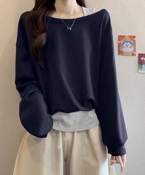 レイヤード風スウェットワンショルダー秋服 レディース 肩出し トップス カジュアル プルオーバー ゆったり トレーナー お洒落長袖トップス 韓国風 tシャツ 無地 24TPS-073