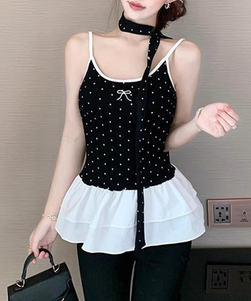 ドット柄キャミソール チョーカー付き夏服 レディース カップ付き スリムフィットキャミ 裾フリル インナートップス 大人可愛い 薄手 インナーウェア フェミニン 24TPS-078