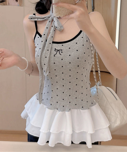 ドット柄キャミソール チョーカー付き夏服 レディース カップ付き スリムフィットキャミ 裾フリル インナートップス 大人可愛い 薄手 インナーウェア フェミニン 24TPS-078