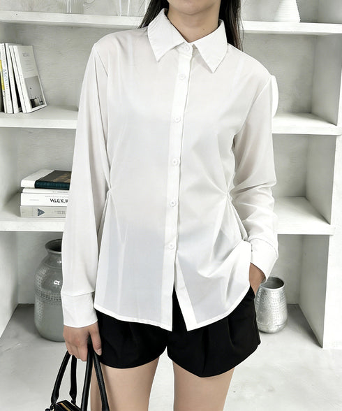 サイドボタンタックシャツブラウス長袖春服 レディース オフィスカジュアル シャツ ウエストシェイプ ブラウス 襟付き 着やせトップス おしゃれ 秋服 30代40代 24TPS-079