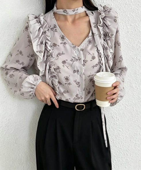 フリル花柄シャツブラウス リボンタイ付き ブラウス Vネック 大人可愛いトップス レディース きれいめブラウス お洒落 着やせトップス 大人女性 前開きトップス 24TPS-080