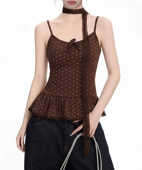 ドット柄キャミソール レースタイ付き夏服 レディース カップ付き インナーキャミ 裾フリル フェミニンキャミトップス フロントリボン スリムフィットキャミ 韓国風 24TPS-083