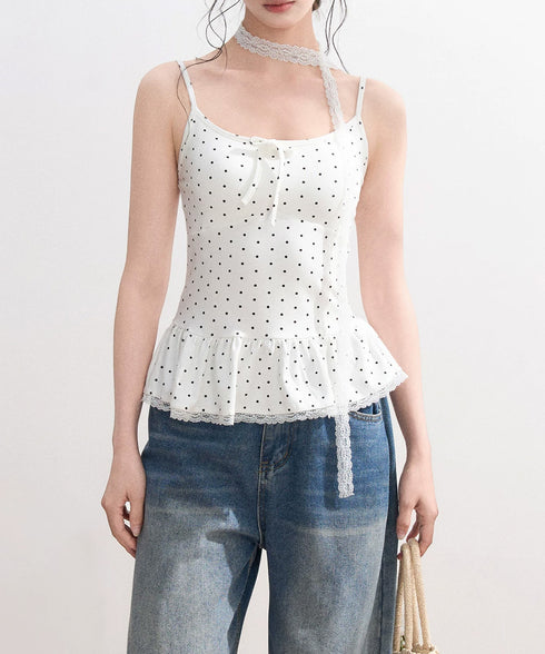 ドット柄キャミソール レースタイ付き夏服 レディース カップ付き インナーキャミ 裾フリル フェミニンキャミトップス フロントリボン スリムフィットキャミ 韓国風 24TPS-083