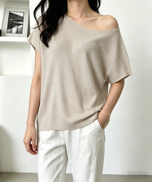 サマーニットトップス ワンショルダー夏服 レディース カジュアル ニットトップス 体型カバー ニットソー シンプル 夏トップス 無地大人カットソー 着回しトップス 24TPS-086