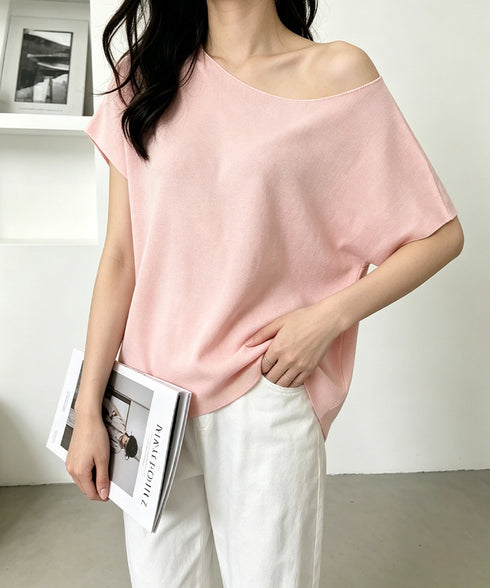 サマーニットトップス ワンショルダー夏服 レディース カジュアル ニットトップス 体型カバー ニットソー シンプル 夏トップス 無地大人カットソー 着回しトップス 24TPS-086