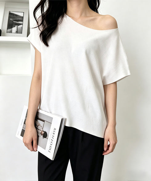 サマーニットトップス ワンショルダー夏服 レディース カジュアル ニットトップス 体型カバー ニットソー シンプル 夏トップス 無地大人カットソー 着回しトップス 24TPS-086