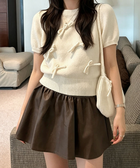 リボン付きニットトップスクルーネック夏服 レディース 大人可愛いニットセーター コンパクト 半袖ニットソー 韓国風 ニットトップ パフスリーブ 着やせ夏トップス 24TPS-088