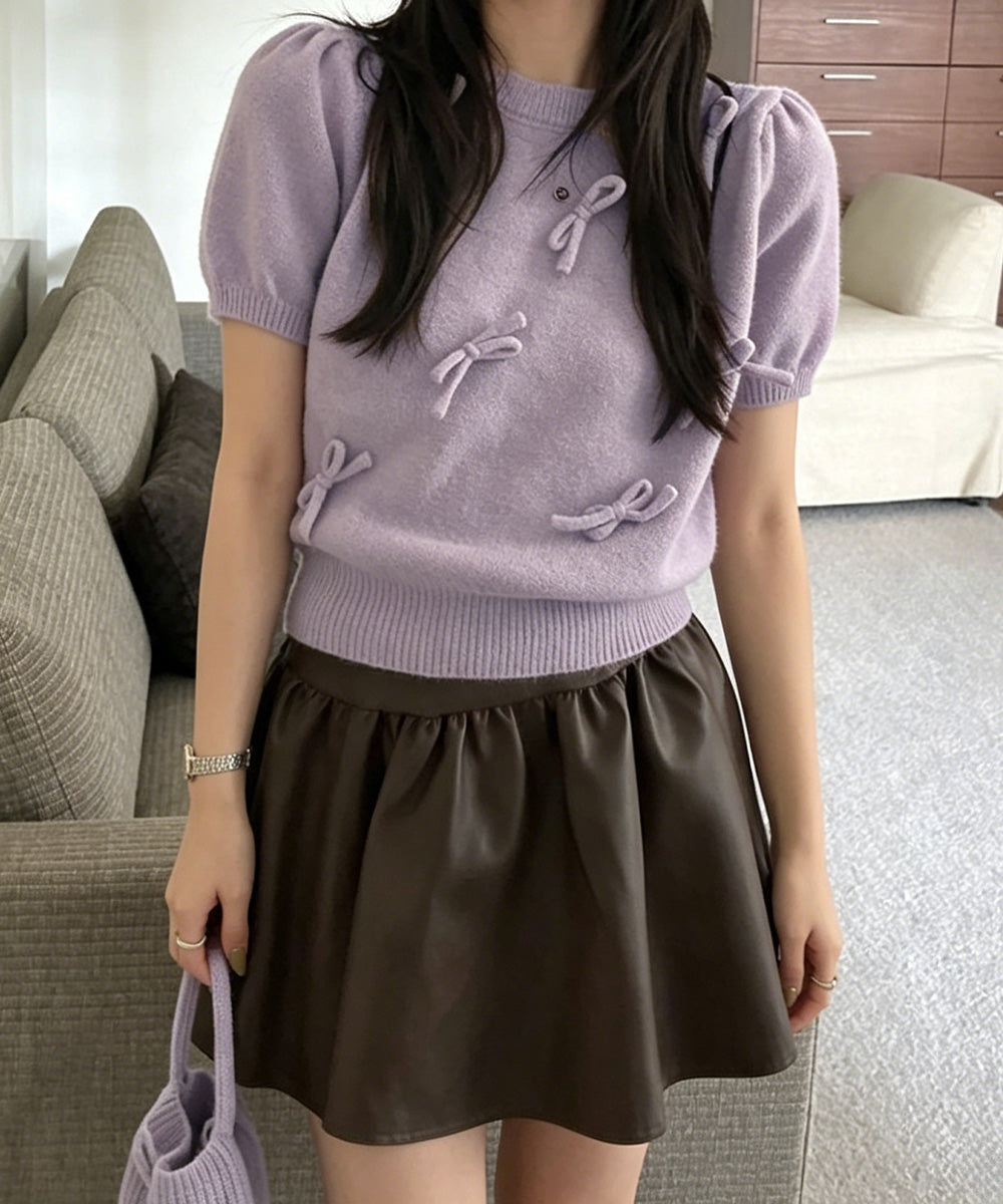 リボン付きニットトップスクルーネック夏服 ラベンダー