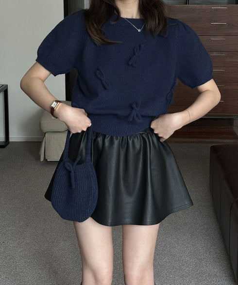 リボン付きニットトップスクルーネック夏服 レディース 大人可愛いニットセーター コンパクト 半袖ニットソー 韓国風 ニットトップ パフスリーブ 着やせ夏トップス 24TPS-088