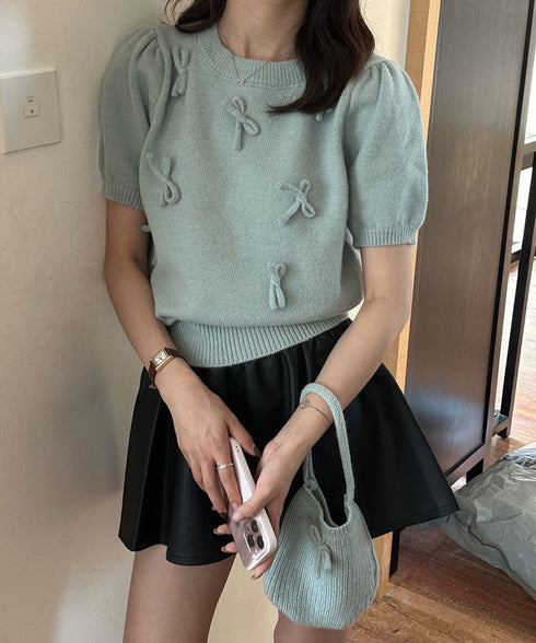 リボン付きニットトップスクルーネック夏服 レディース 大人可愛いニットセーター コンパクト 半袖ニットソー 韓国風 ニットトップ パフスリーブ 着やせ夏トップス 24TPS-088