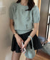 リボン付きニットトップスクルーネック夏服 レディース 大人可愛いニットセーター コンパクト 半袖ニットソー 韓国風 ニットトップ パフスリーブ 着やせ夏トップス 24TPS-088