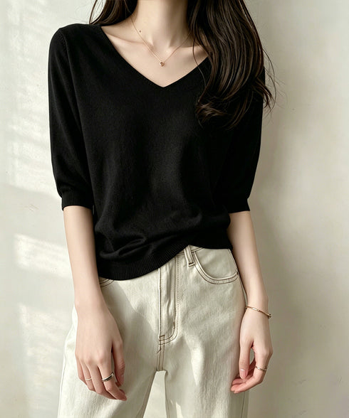ニットトップス レディース 韓国風春夏服 vネック 5分袖サマーニット オフィスカジュアル ニットソー おしゃれ ニットプルオーバー 着やせ 大人通勤服 きれいめ 24TPS-089