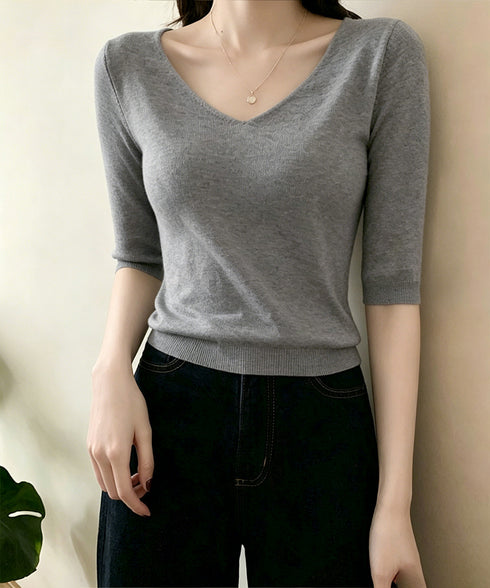 ニットトップス レディース 韓国風春夏服 vネック 5分袖サマーニット オフィスカジュアル ニットソー おしゃれ ニットプルオーバー 着やせ 大人通勤服 きれいめ 24TPS-089