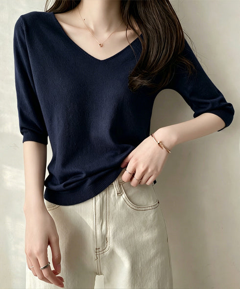 ニットトップス レディース 韓国風春夏服 vネック 5分袖サマーニット オフィスカジュアル ニットソー おしゃれ ニットプルオーバー 着やせ 大人通勤服 きれいめ 24TPS-089