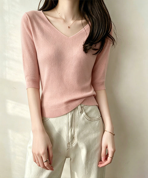 ニットトップス レディース 韓国風春夏服 vネック 5分袖サマーニット オフィスカジュアル ニットソー おしゃれ ニットプルオーバー 着やせ 大人通勤服 きれいめ 24TPS-089