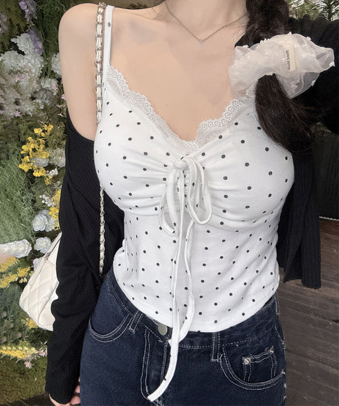 カップ付きキャミソール ドット柄 夏服 レディース 胸元ギャザー ブラトップキャミ フロントリボン エレガントレース付きキャミ フィット感 大人可愛いインナー 24TPS-091