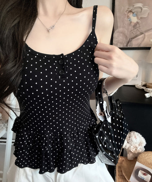 ドット柄ティアードキャミソールカップ付き ブラトップキャミ レディース 大人可愛い夏服 裾フリル フェミニンインナーキャミ 甘め スリムフィットキャミ 韓国風下着 24TPS-094