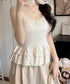 ドット柄ティアードキャミソールカップ付き ブラトップキャミ レディース 大人可愛い夏服 裾フリル フェミニンインナーキャミ 甘め スリムフィットキャミ 韓国風下着 24TPS-094
