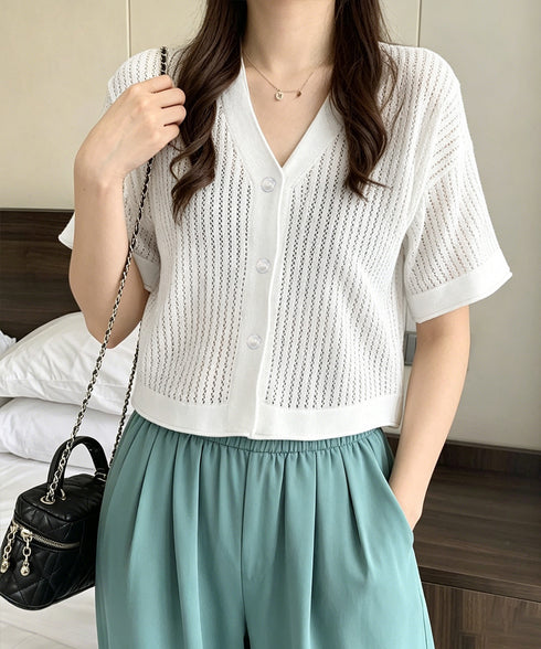 サマーニットカーディガン 透かし編み夏服 レディース クロップド丈 ニットトップス Vネック ニットボレロ 紫外線対策 冷房対策上着 コンパクト 羽織り着回し 24TPS-095