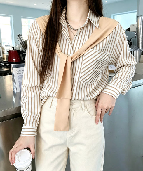 レイヤード風ストライプシャツ胸ポケット服 レディース 切り替え 肩掛け風トップス 体型カバー シャツブラウス 大人カジュアル ブラウス 20代 30代 40代秋服 24TPS-097