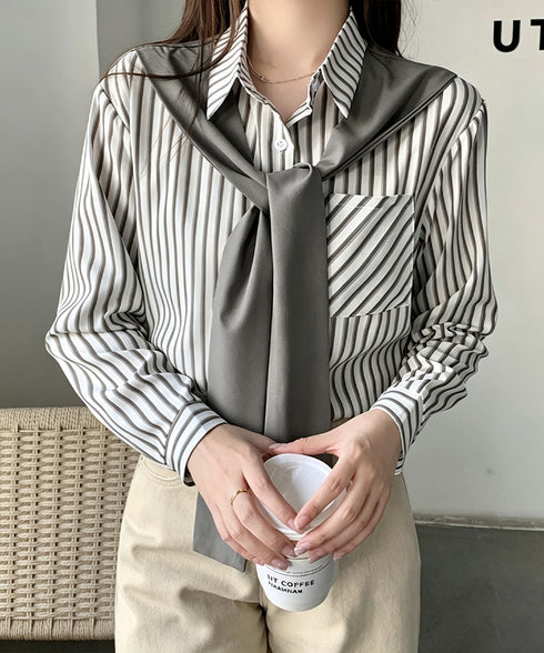 レイヤード風ストライプシャツ胸ポケット服 レディース 切り替え 肩掛け風トップス 体型カバー シャツブラウス 大人カジュアル ブラウス 20代 30代 40代秋服 24TPS-097