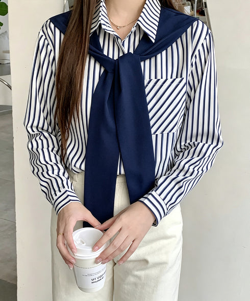レイヤード風ストライプシャツ胸ポケット服 レディース 切り替え 肩掛け風トップス 体型カバー シャツブラウス 大人カジュアル ブラウス 20代 30代 40代秋服 24TPS-097