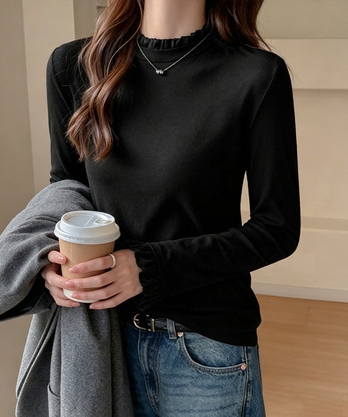 フリルネックカットソー 大人カジュアル レディース 韓国風 トップス 重ね着 きれいめ Tシャツ シンプル 春秋服 着やせトップス快適 細身 インナートップス 24TPS-099