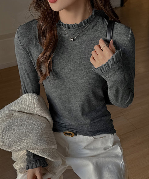 フリルネックカットソー 大人カジュアル レディース 韓国風 トップス 重ね着 きれいめ Tシャツ シンプル 春秋服 着やせトップス快適 細身 インナートップス 24TPS-099