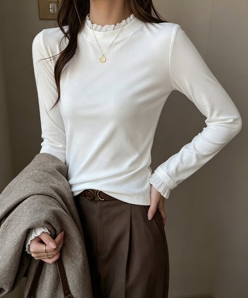 フリルネックカットソー 大人カジュアル レディース 韓国風 トップス 重ね着 きれいめ Tシャツ シンプル 春秋服 着やせトップス快適 細身 インナートップス 24TPS-099