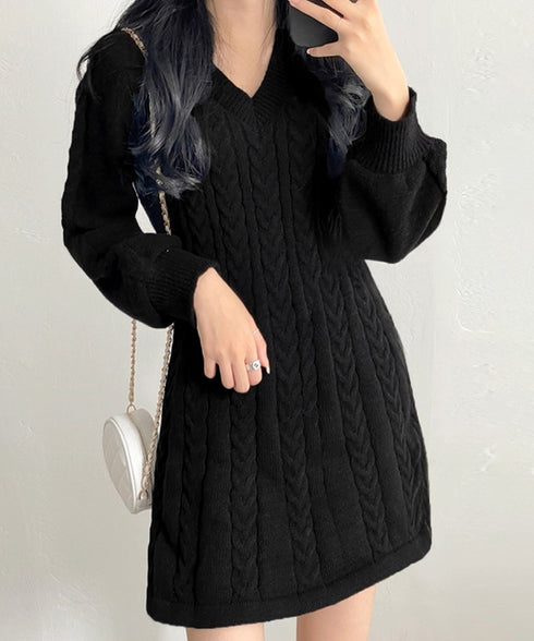 ニットワンピース ケーブル編みミニワンピ レディース ボリュームスリーブ Aラインワンピース 通勤通学 Vネックショート丈ワンピース 韓国風 膝上丈ワンピース長袖 24WPS-005