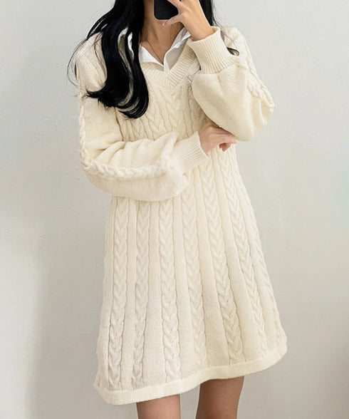 ニットワンピース ケーブル編みミニワンピ レディース ボリュームスリーブ Aラインワンピース 通勤通学 Vネックショート丈ワンピース 韓国風 膝上丈ワンピース長袖 24WPS-005