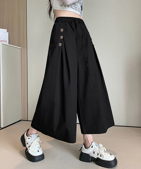 ワイドパンツ ハイウエストガウチョパンツ レディース ウエストゴム スカーチョ サイド飾りボタン付き スカンツ ゆったり ボトムス カジュアル ワイドガウチョ 24BDMS-001