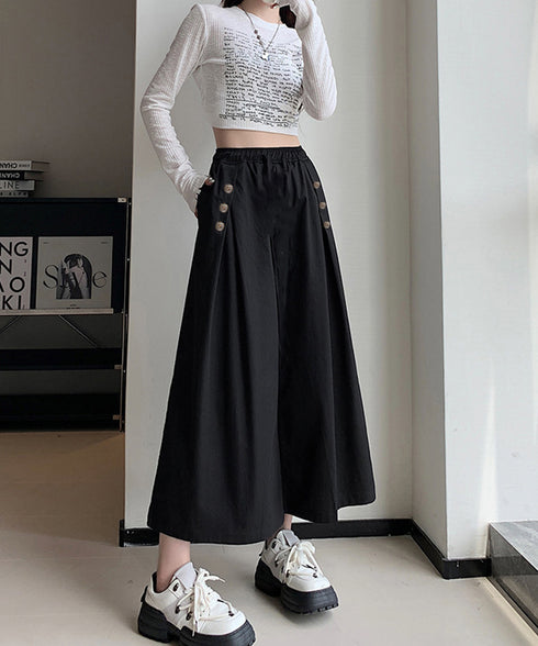 ワイドパンツ ハイウエストガウチョパンツ レディース ウエストゴム スカーチョ サイド飾りボタン付き スカンツ ゆったり ボトムス カジュアル ワイドガウチョ 24BDMS-001