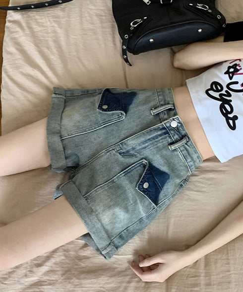 ロールアップ デニムショートパンツ 美脚 短パン レディース ハイウエスト ホットパンツ Aライン デニムワイド 着やせ ショーパン こなれ感 ジーンズ 春夏秋 24BDMS-002