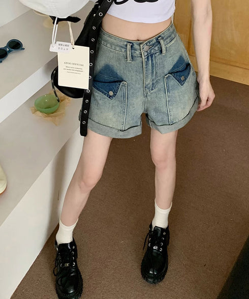 ロールアップ デニムショートパンツ 美脚 短パン レディース ハイウエスト ホットパンツ Aライン デニムワイド 着やせ ショーパン こなれ感 ジーンズ 春夏秋 24BDMS-002